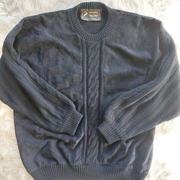 Vintage Italy Genuine Leather Men's Black Wool Knitted Sweater US-XXXL /EU-54 - Picture 2 of 9